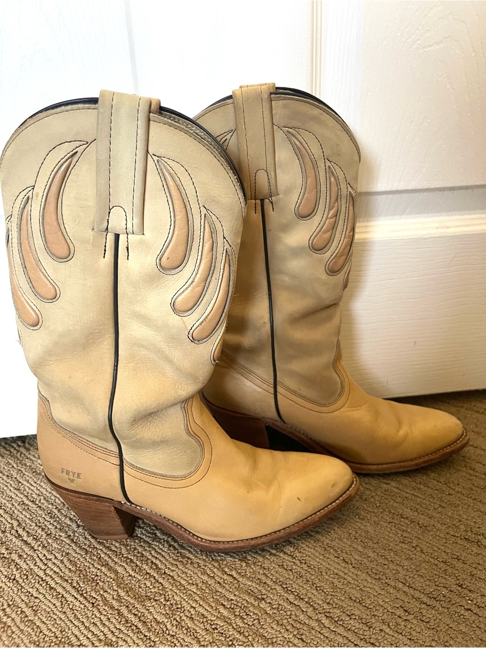 Vintage 7.5 Frye Banana Yellow Leather Cowboy Boots White Label Pointed Toe - Picture 1 of 6